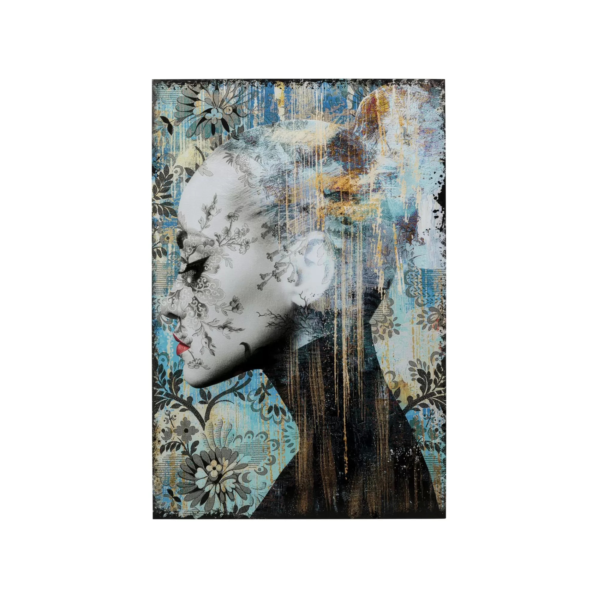 KARE Design Tableau En Verre Bleu Femme Profil Fleurs 100x150cm ^ Tableau