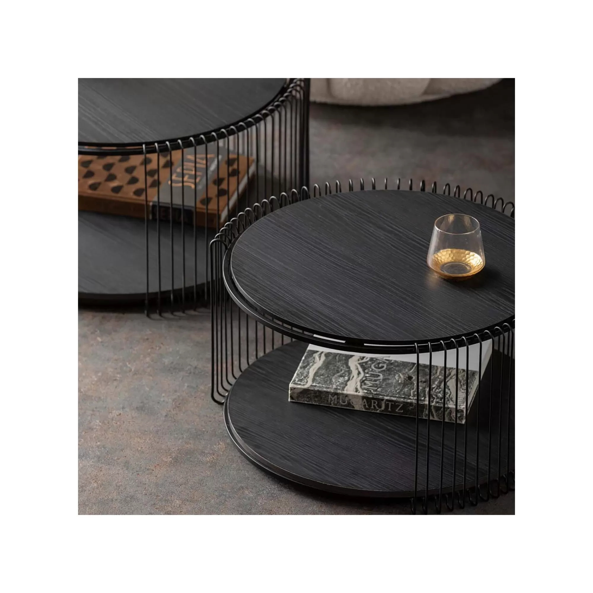 KARE Design Tables Basses Wire Double Bois Noir Set De 2 ^ Table Basse